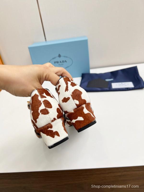2025 Women Prada Brown White Calf Hair Strap Heels LY00270