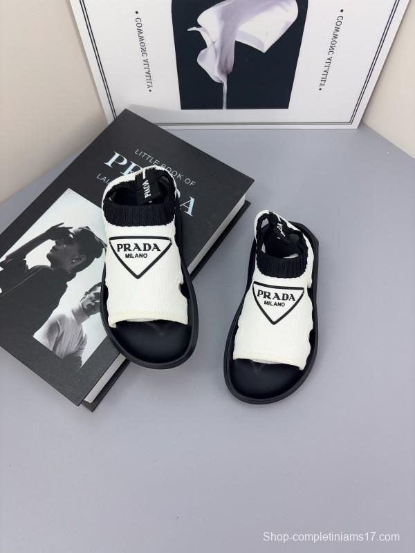 2025 Kids PRADA Black White Fabric Sandals