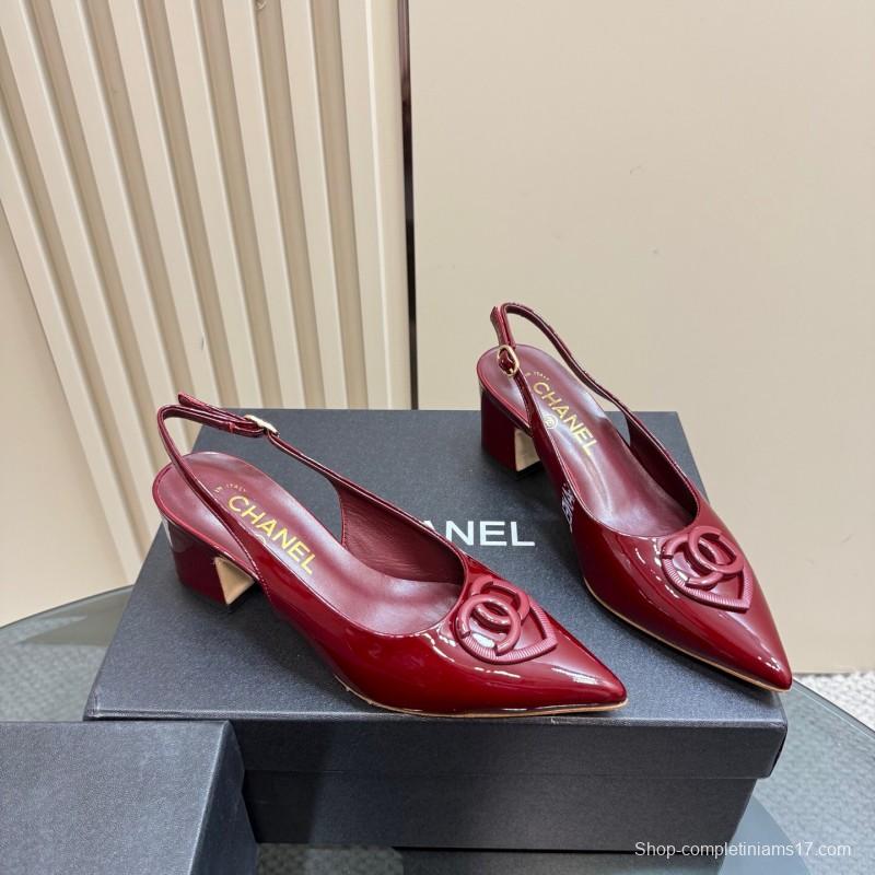 2025 Women Chanel Burgundy Patent Leather Slingback Pumps