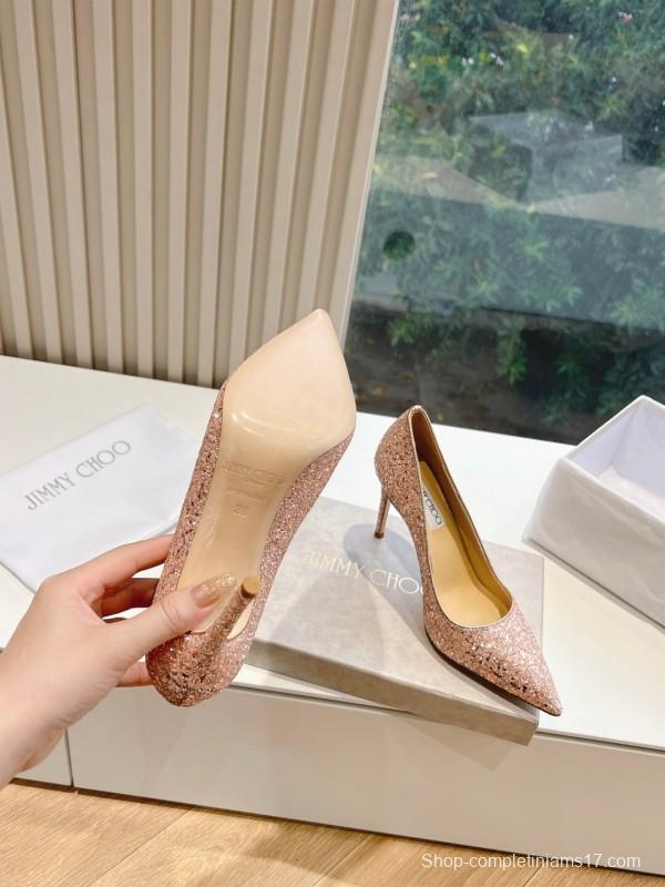 2025 Women Jimmy Choo Pink Glitter Leather Pointed Toe Pumps KFY00280