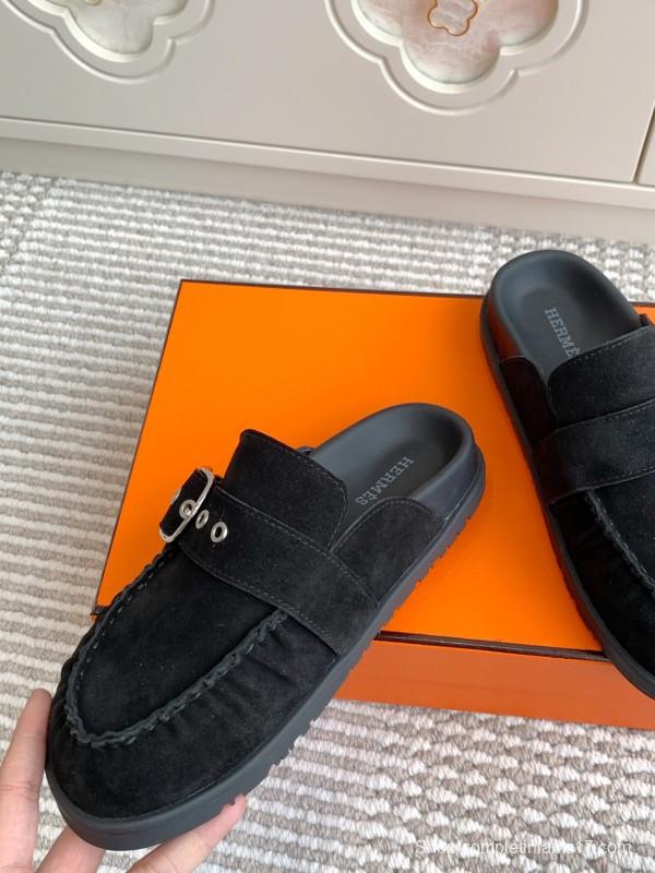 2025 Women Hermès Black Suede Mule Shoes Buckle KFY00290