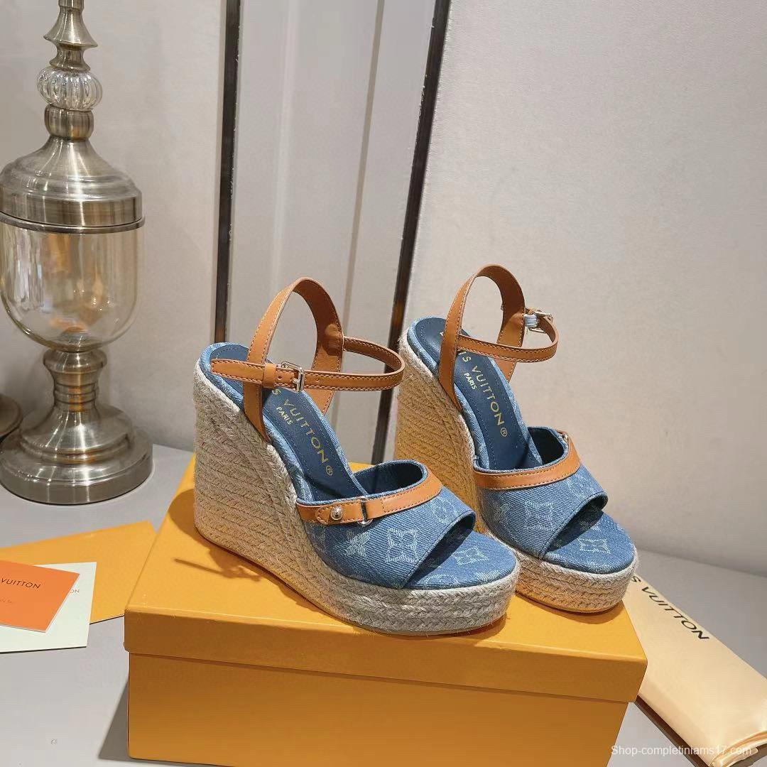 2025 Women Louis Vuitton Blue Denim Leather Espadrilles Sandals MJ00280