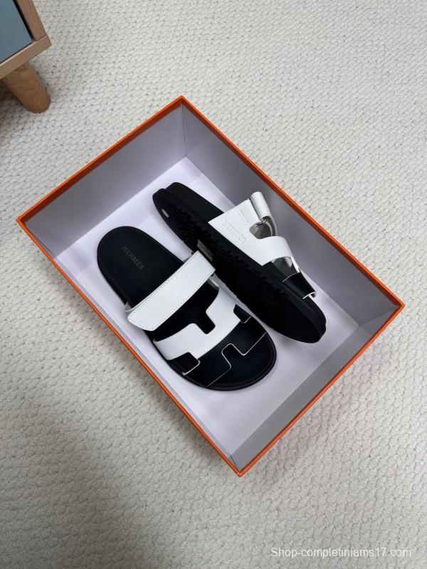 2025 Slippers Hermès White Black Leather Slippers