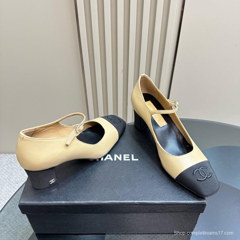2025 Women Chanel Beige Black Leather Mary Jane Shoes KFY00290