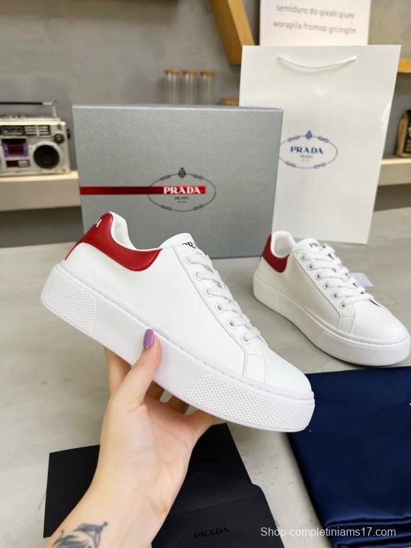 2024 Unisex Prada White Red Calfskin Silk Thick Sole Sneakers MJ00310