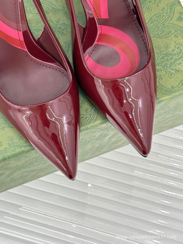 2025 Women Gucci Burgundy Patent Leather Slingback Chain High Heel KFY00300