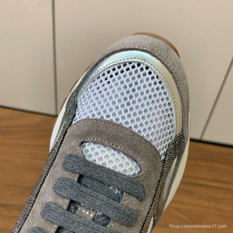 2025 Unisex Brunello Cucinelli Grey White Suede Mesh Leather Sneakers Handcrafted Beaded Chain KFY00310