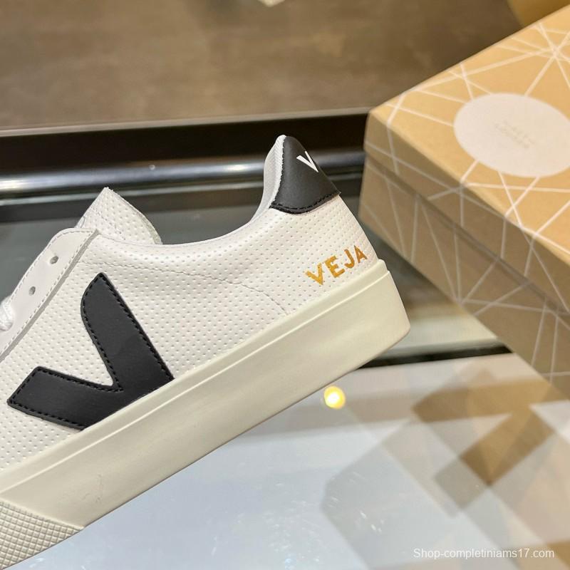 2025 Unisex VEJA White Black Leather Canvas Sneakers V Logo MJ00240(W/M)