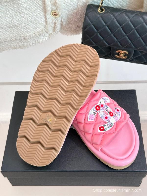 2025 CHANEL Pink Quilted Leather Slippers KFY00260