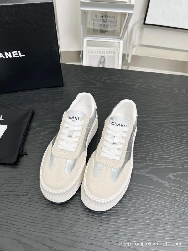 2025 Women Chanel White Silver Suede Leather Sneakers LY00270