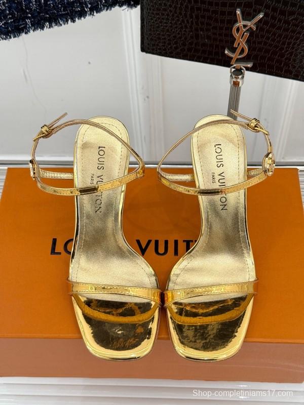 2025 Women Louis Vuitton Gold Leather Sandals