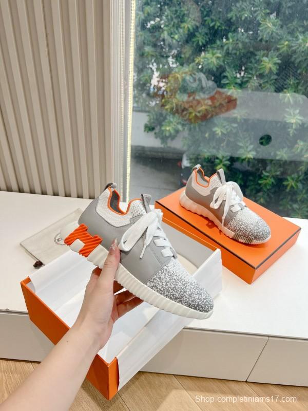 2024 Unisex Hermès Gray White Orange Calfskin Suede Sneakers MJ00290