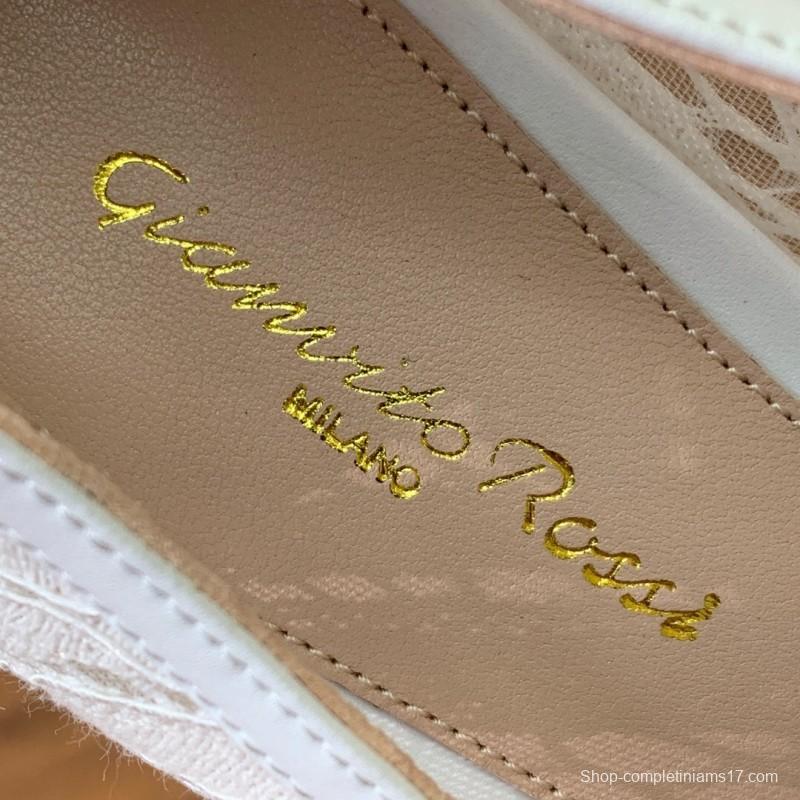 2025 Women Gianvito Rossi White Lace Leather Pumps KFY00280