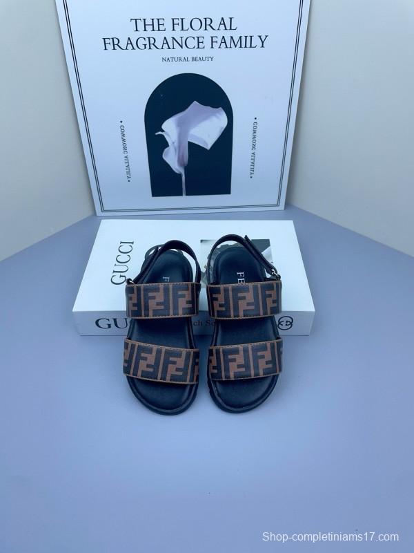 2025 Kids Fendi Brown Black Leather Sandals