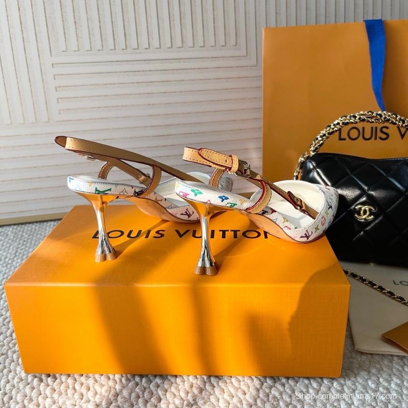 2025 Women Louis Vuitton White Multicolor Canvas Leather Slingback Pumps