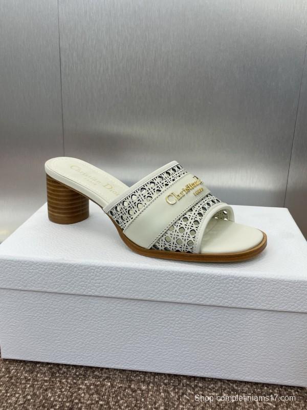 2025 Women Dior White Leather Sandals CD Pattern Low Heel KFY00310