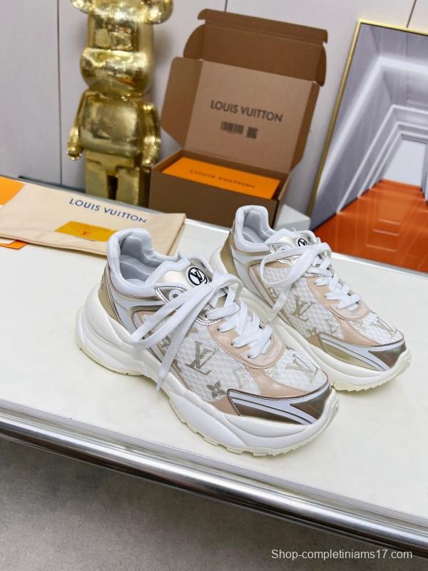 2025 Women Louis Vuitton White Beige Mesh Leather Sneakers LY00340