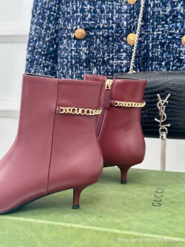 2024 Women Gucci Burgundy Leather Ankle Boots Chain MJ00410