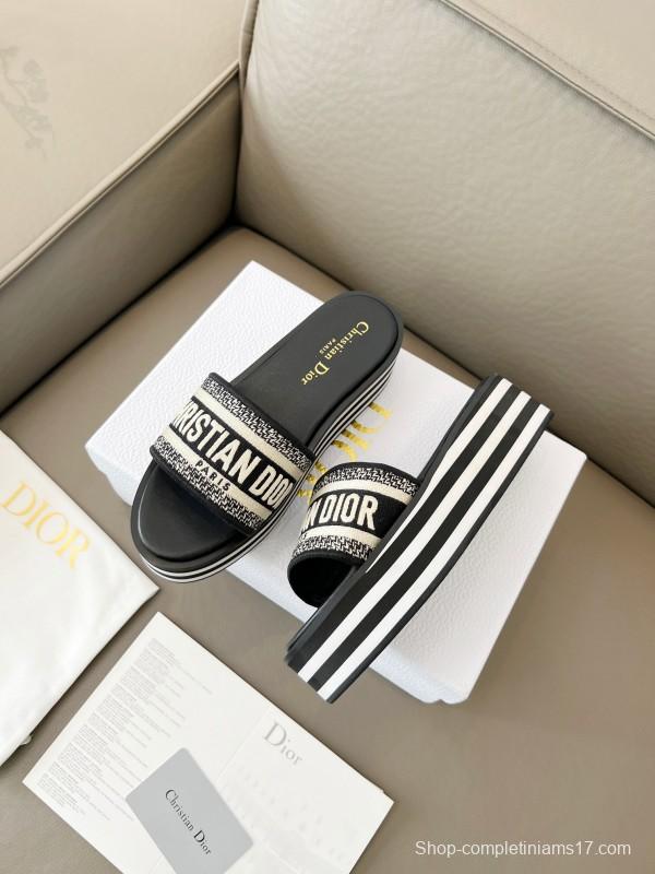 2025 Women Dior Black White Canvas Platform Sandals