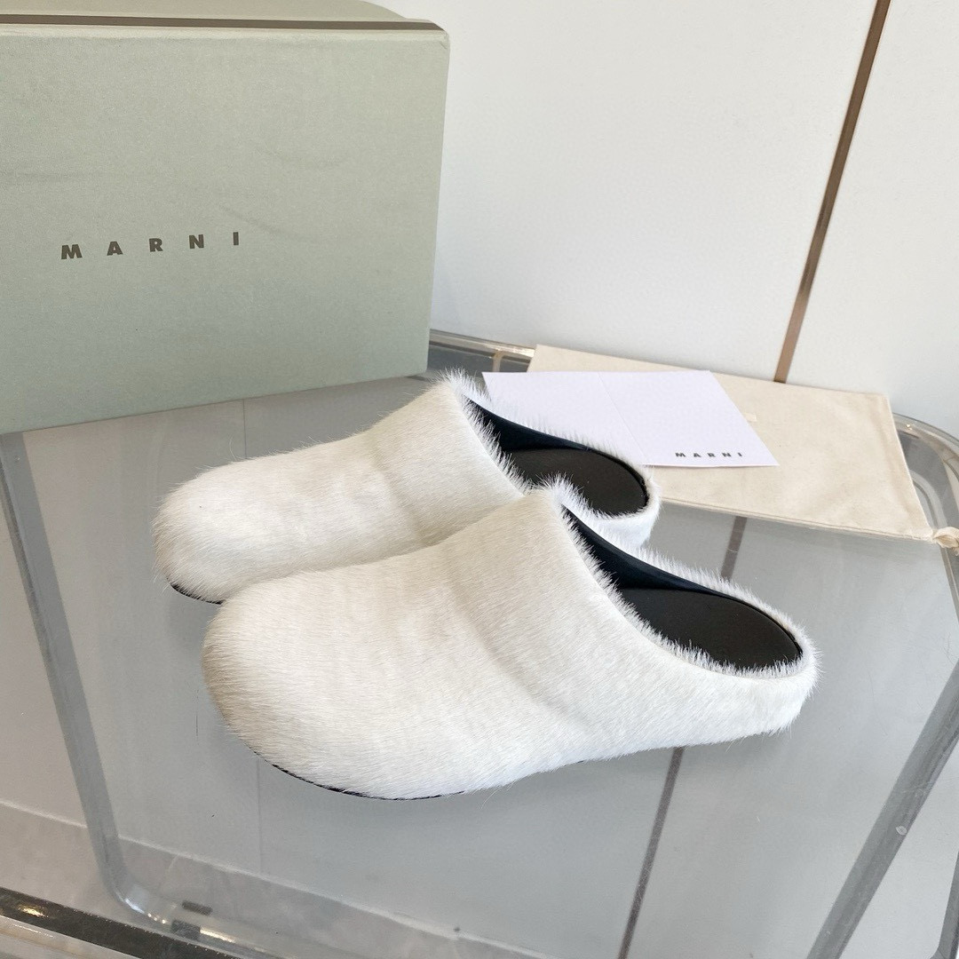 2024 Women Marni White Pony Hair Leather Mules MJ00320