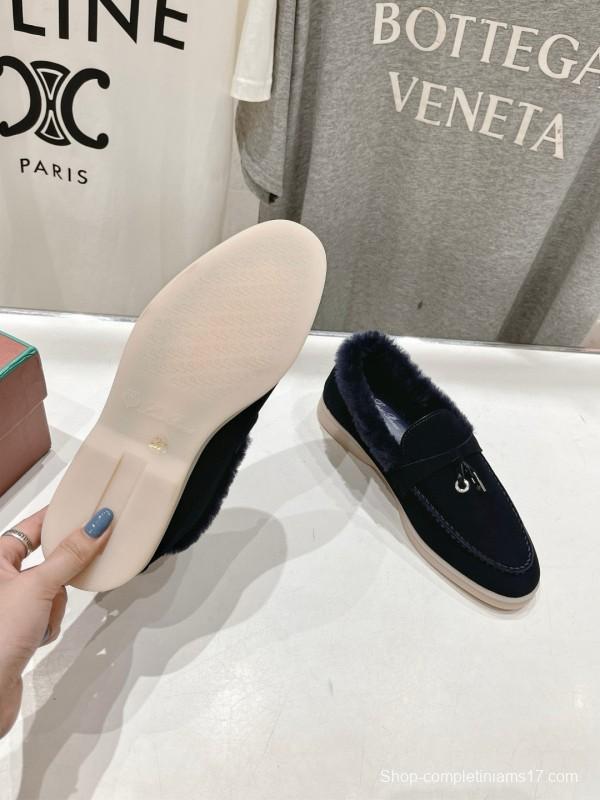 2024 Women LP Navy Suede Fur Loafers