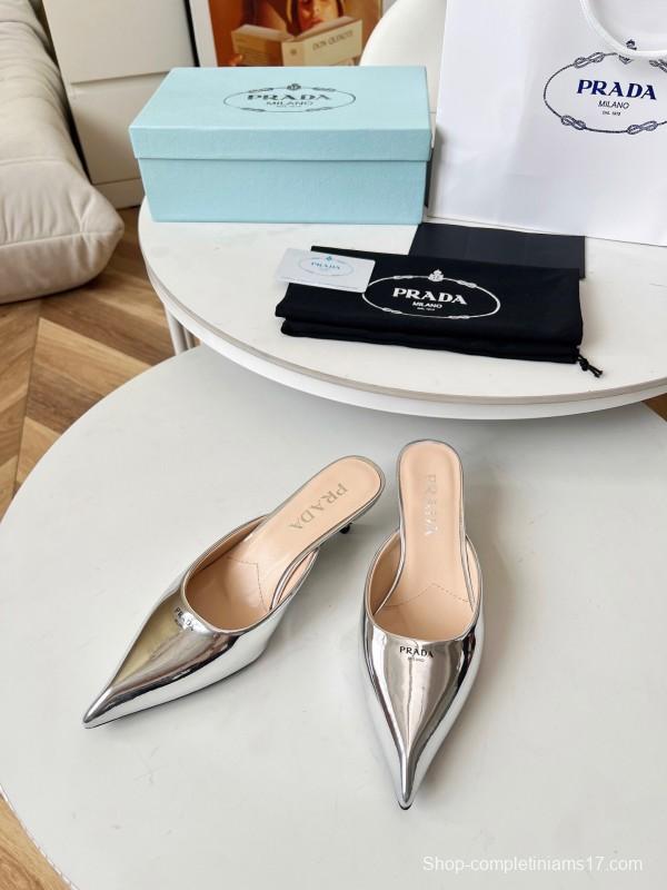 2025 Women Prada Silver Patent Leather Mules