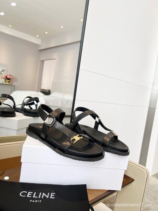 2025 Women Celine Black Leather Sandals LY00220