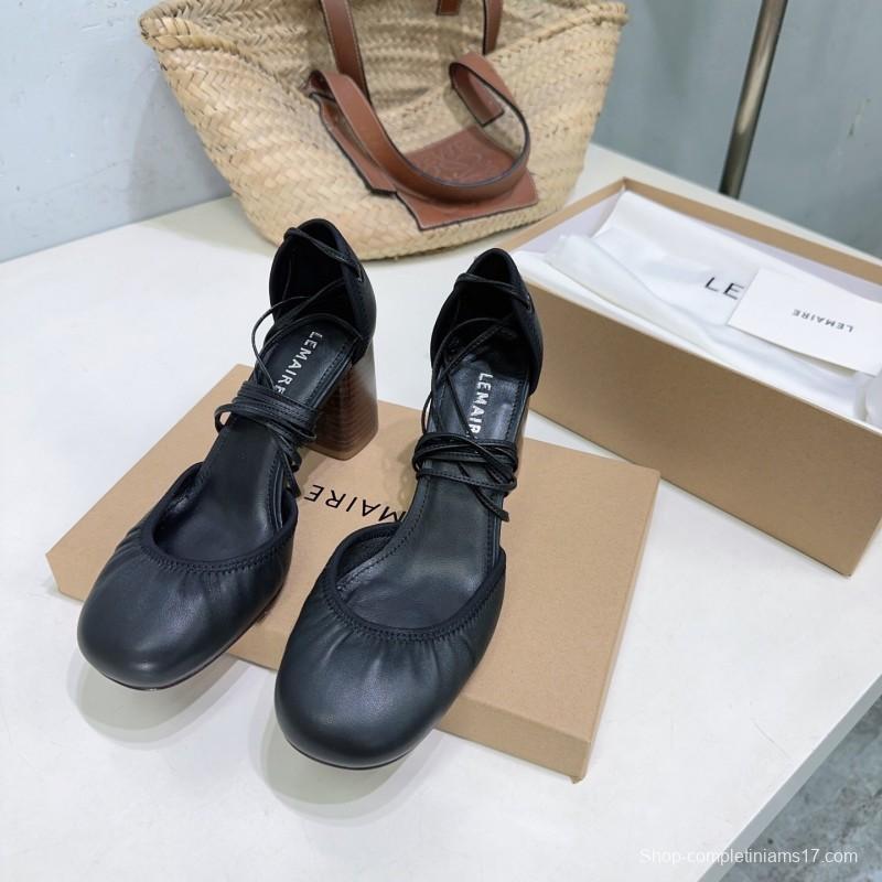 2025 Women LEMAIRE Black Leather Mary Jane Block Heel KFY00300