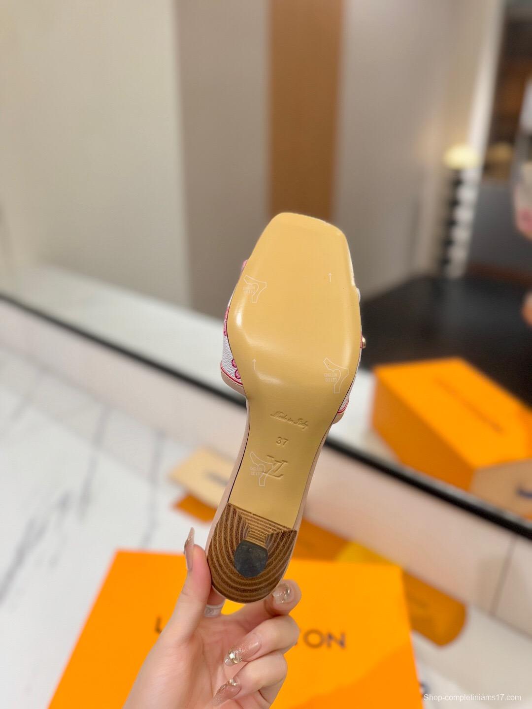 2025 Women LV White Pink Leather Floral Sandals