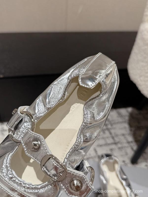 2025 Women BALENCIAGA Silver Leather Ballet Flats Metal Buckle KFY00300