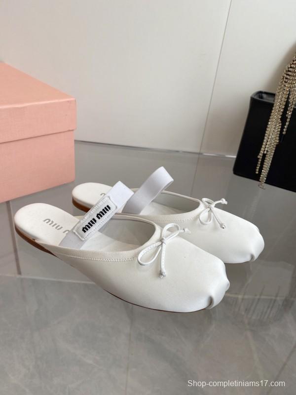 2025 Women Miumiu White Satin Ballet Flats Elastic Band KFY00280