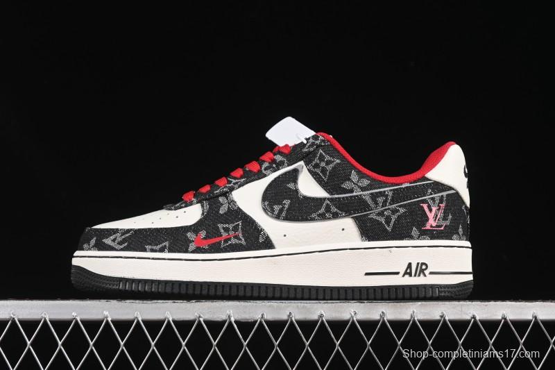 Nike Air Force 1 '07 Low LV Collaboration Black Denim Red Swoosh Casual Sneakers - LW9279-001