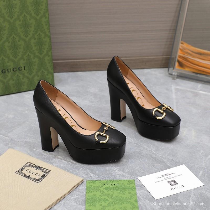 2025 Women Gucci Black Sheep Leather Platform Pumps KFY00320