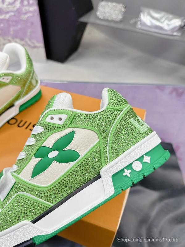 2025 Unisex Louis Vuitton Green White Leather Fabric Plimsolls Handmade Crystal Detailing AS00400