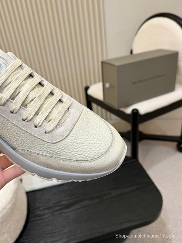 2025 Men Brunello Cucinelli Black Ivory Blue Almond Calfskin Leather Sneakers AS00320