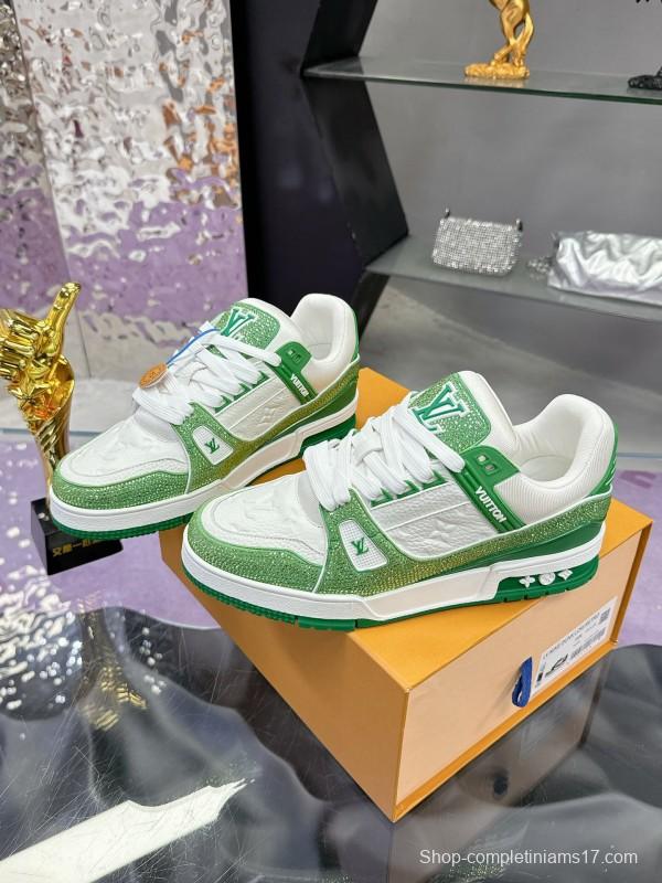 2025 Unisex Louis Vuitton Green White Leather Canvas Plimsolls Handcrafted Diamonds AS00400