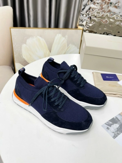 2025 Unisex Santoni Navy Orange Wool Knit Leather Sneakers AS00320