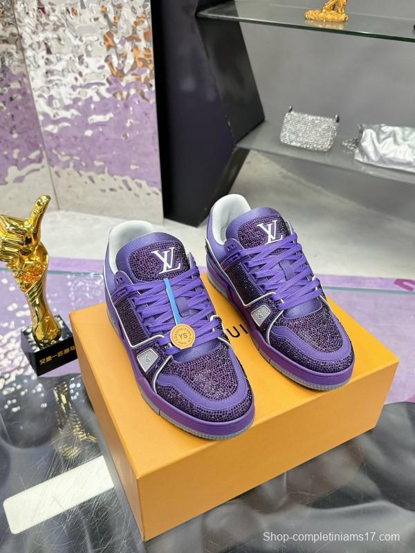 2025 Women Louis Vuitton Purple Blue Leather Plimsolls Handcrafted Rhinestone AS00400