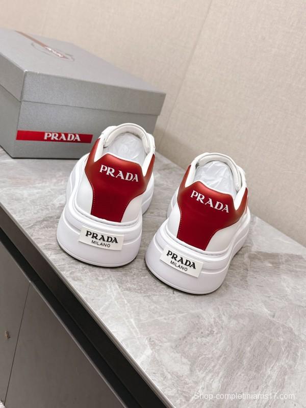 2025 Unisex Prada White Red Calf Leather Sneakers KFY00290