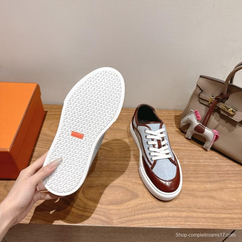 2025 Unisex H Brown Blue Leather Knit Sneakers AS00380