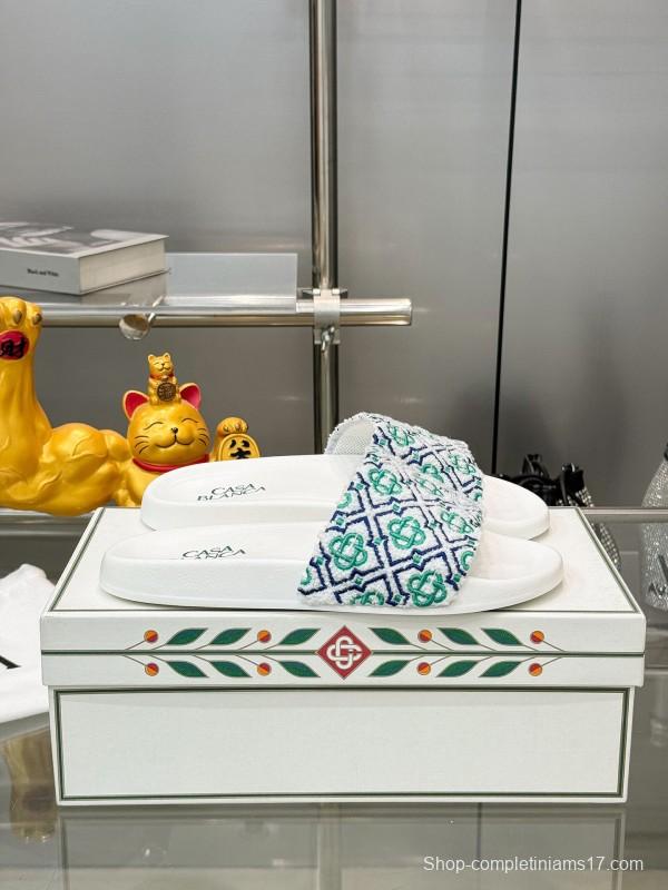 2025 Men CASA BLANCA White Green Blue Embroidered Leather Slippers KFY00160