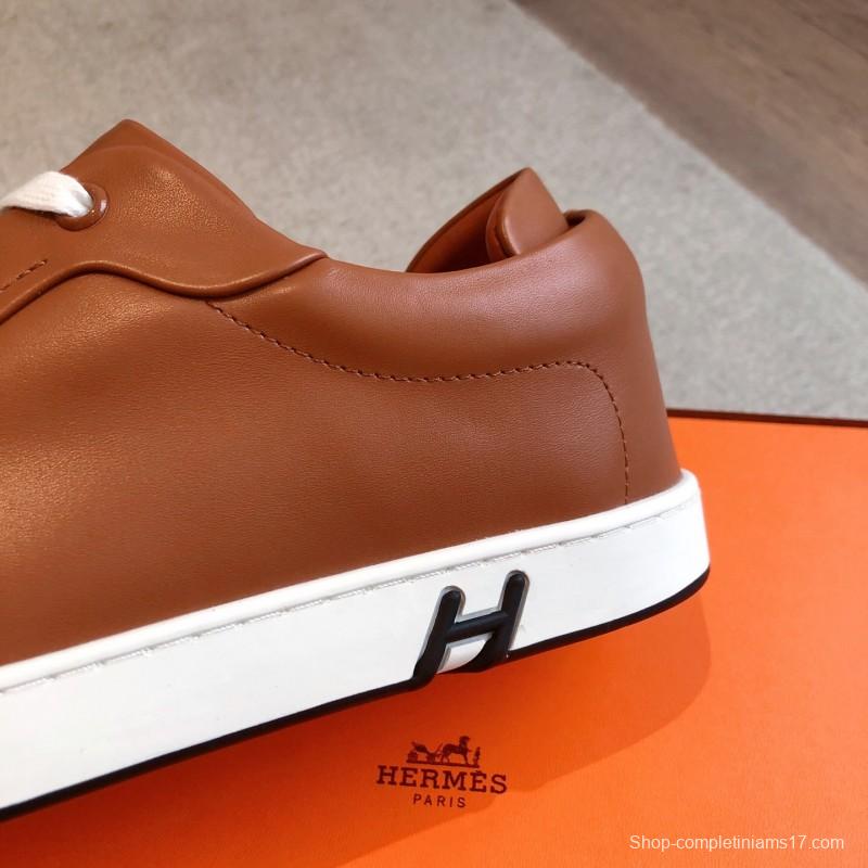2025 Men Hermès Brown White Leather Sneakers AS00380