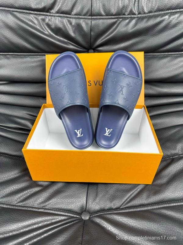 2025 Men Louis Vuitton Blue Leather Slippers AS00170