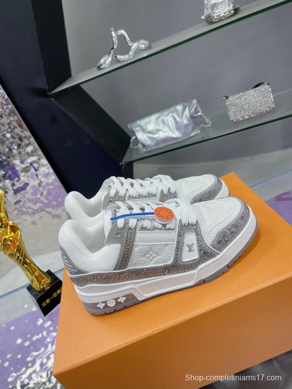 2025 Unisex Louis Vuitton White Silver Leather Fabric Plimsolls Handcrafted Crystals AS00400