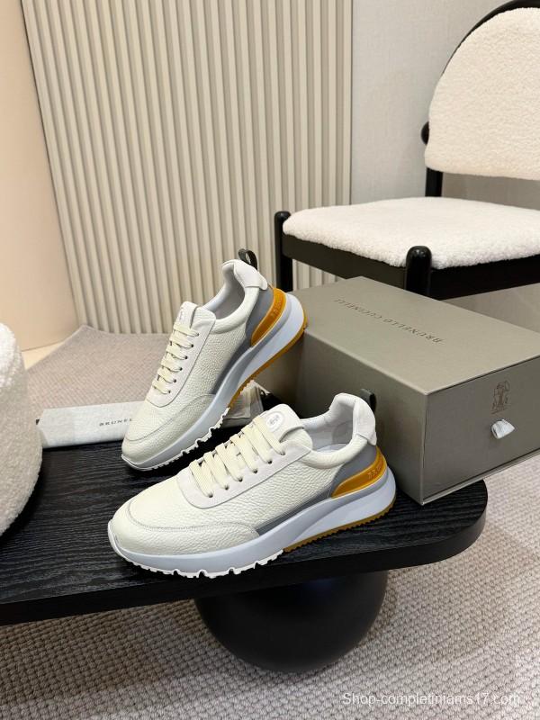 2025 Men Brunello Cucinelli Black Ivory Blue Almond Calfskin Leather Sneakers AS00320