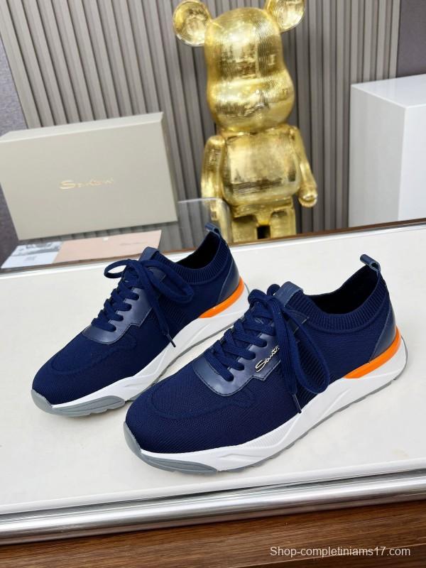2025 Unisex Santoni Navy Orange Wool Blend Knit Sneakers AS00320