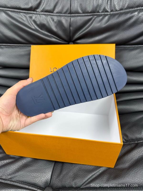 2025 Men Louis Vuitton Blue Leather Slippers AS00170