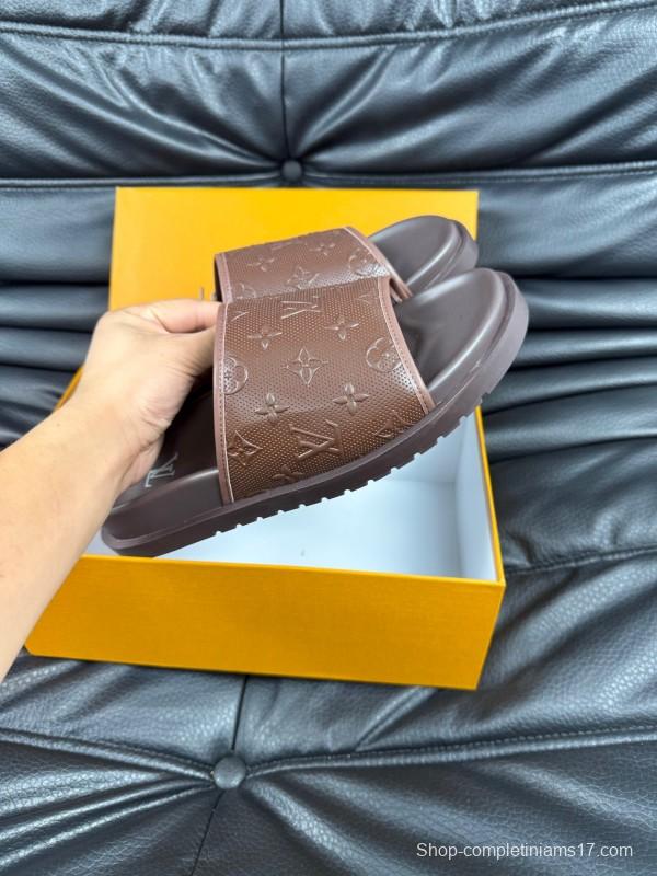 2025 Men Louis Vuitton Brown Leather Slippers AS00170