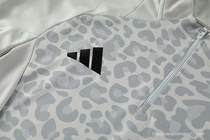2025 Adidas Light Grey & Black with Leopard Print Pattern Half Zipper Jacket +Long Pants