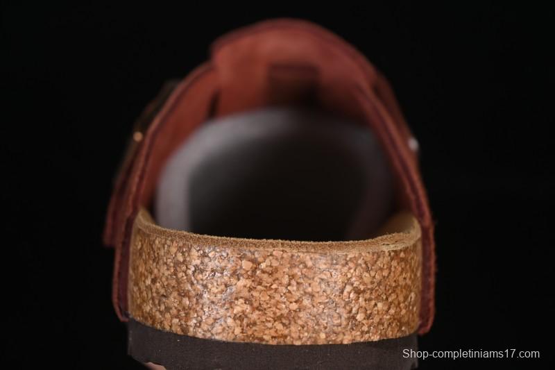 Birkenstock Sandals Series with Soft Leather Upper and Cork Rubber Midsole - Red Wine